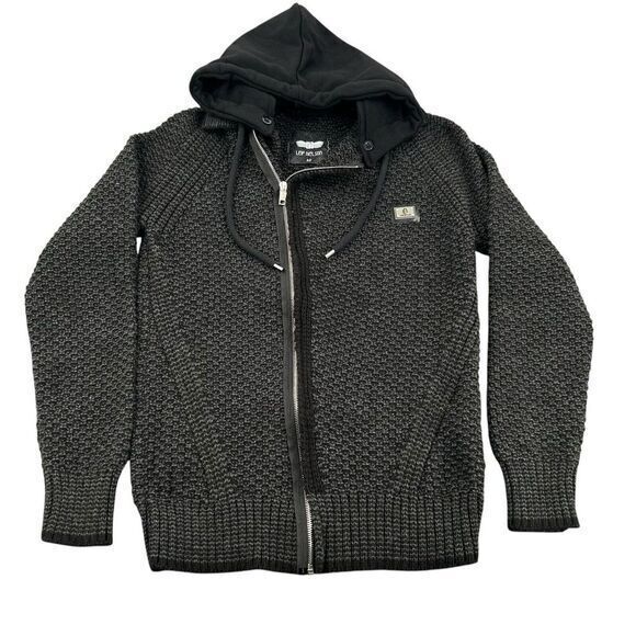 Leif Nelson Size Medium Mens Dark Gray Chunky Knit Removable Hood‎ Zip Jacket - Picture 1 of 9